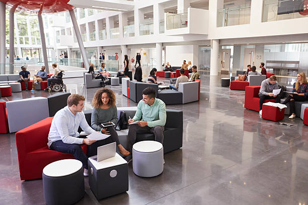 Modern college campus with contemporary buildings and green spaces